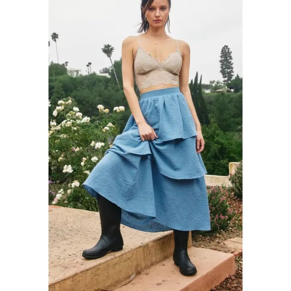 Smocked Waistband Cracked Woven Tiered Midi Skirt